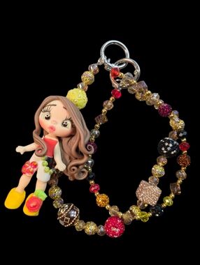 Handmade Custom Bag Charm | Artisan Clay Doll & Crystal Beaded Keychain